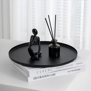 Minimalist <b>Black</b> Round Tray With Abstract Figurine And <b>Reed</b> <b>Diffuser</b> For Bath Decor - Product Image 1