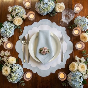 Luxury Hand Embroidered Scalloped Border Table Placemat Napkins Set Clean Minimalist <b>Pastel</b> Blue Wedding Dinner Table <b>Decor</b> - Product Image 1