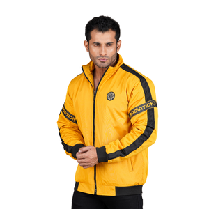 Chaqueta Deportiva Amarilla para Hombre con Bloques de Color, Cuello Alto, Resistente al Viento, de Poliéster, Estilo Bomber con Detalles Negros - Product Image 1