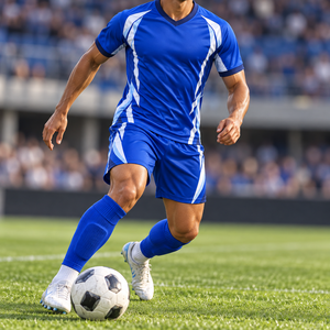 Uniforme de football personnalisable bleu cobalt et blanc, maillot et short de football sublimés avec logo personnalisé - Product Image 5