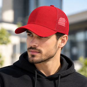 Casquette de baseball unisexe rouge à 6 panneaux en maille respirante avec visière incurvée et réglable - Product Image 6