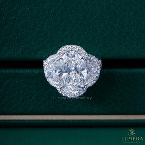 Luxury 18K White Gold Oval Cut 3-Stone Engagement <b>Ring</b> with Half <b>Moon</b> Side Stones Continuous Halo - Product Image 2