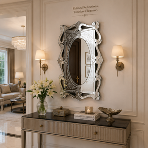Antique Style Venetian Mirror with Artistic Cutwork Frame and Oval Inner <b>Glass</b> Premium Decorative Mirror for Luxury Interiors - Product Image 4