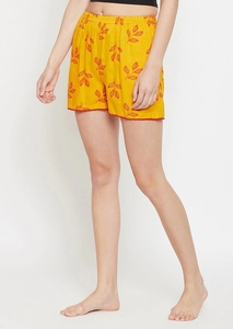 Women's Yellow Floral Printed Shorts <b>Elastic</b> Waist Knitted Cotton Breathable Casual Regular Fit - Product Image 1