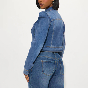 Women's <b>Cropped</b> <b>Denim</b> <b>Jacket</b> With Puff Sleeves Stonewashed Cotton Regular Fit Casual Spring Style Blue Jeans Coat - Product Image 2