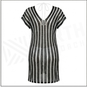 Women's Striped Knitted Swimdress V-Neck Hollow Out Stretch Beachwear Regular Fit Short Sleeve Textured Pattern - Product Image 2