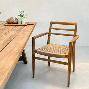 Rustic Wood Garden Dining <b>Chair</b> With Arms Solid Teak Woven Cord Seat Outdoor Patio Armchair <b>Farmhouse</b> Kitchen Seating Furniture - Product Image 2
