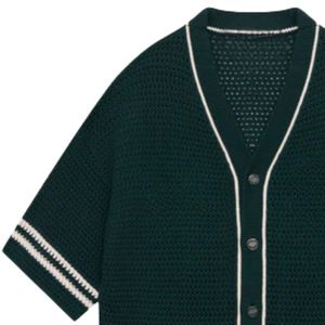 Chemise de baseball en tricot crocheté pour homme, manches courtes, boutonnée, bordure rayée, décontractée, tricot d'été, vente en gros OEM - Product Image 3
