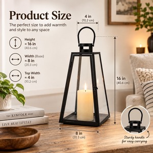 โคมไฟเหล็กสีดำพร้อมแผงกระจกและที่ใส่เทียนสำหรับตกแต่งบ้าน - Product Image 4