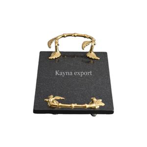 Plateau en marbre noir avec poignée en forme de feuille en métal plaqué or de luxe décoration de table en gros plateau en marbre noir - Product Image 1