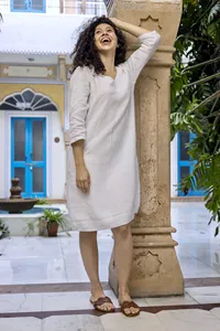 <b>Boho</b> Style Cotton Linen Mini <b>Dress</b> Round Neck 3/4 Sleeve Loose Comfortable <b>Summer</b> Maxi <b>Dress</b> With Pockets - Product Image 2