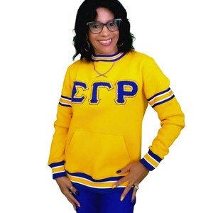 Sweat-shirt à col rond pour femme avec lettres grecques Sigma Gamma Rho en chenille, rayures dorées et bleues, poche, pull de sororité - Product Image 6