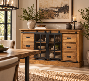 Buffet de style européen avec porte coulissante en bois de manguier massif, meuble de rangement pour salle à manger, style rétro - Product Image 1