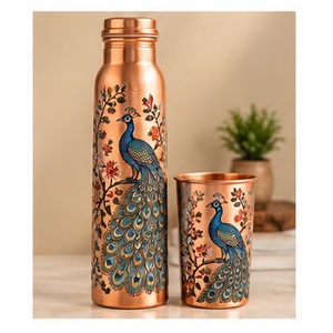 Bouteille d'eau en cuivre peinte à la main avec motif de fleurs de cerisier, vaisselle de voyage portable - Product Image 3