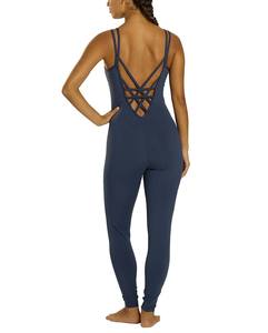 ชุดบอดี้สูทออกกำลังกายแฟชั่นขายส่งยอดนิยมสำหรับผู้หญิง คอวี แขนกุด สีน้ำเงินเข้ม ผ้าสปอร์ตยืดหยุ่น กระชับรูปร่าง เหมาะสำหรับโยคะ - Product Image 2