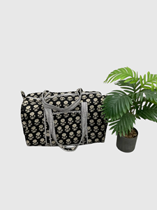<b>Black</b> Floral Patterned Duffel <b>Bag</b> <b>Large</b> Capacity Zipper Travel Weekender Tote Textile - Product Image 3
