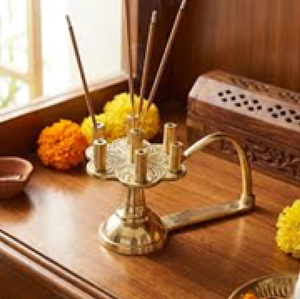 Handcrafted brass multi-slot incense stick holder stand with <b>side</b> curved handle, available at wholesale prices. - Product Image 1