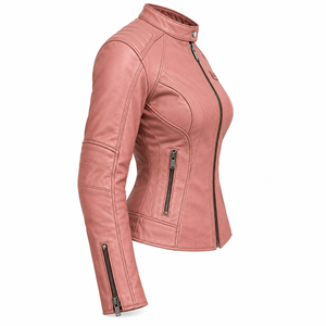 <b>Womens</b> Custom Dusty Rose Genuine Leather Racer <b>Jacket</b> Snap Button Neck Padded Sleeve Fitted Motorcycle Streetwear Darkry Top - Product Image 3