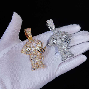 Pendentif Garçon de Dessin Animé Iced Out en Moissanite et Diamant, Collier Personnage Hip Hop en Argent 925, Finition Dorée - Product Image 1