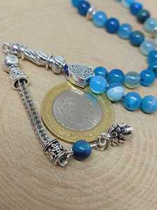 Blue Agate Tasbih Prayer Beads Handmade Islamic Misbaha with Silver Tassel Muslim Ramadan <b>Eid</b> <b>Gift</b> - Product Image 4