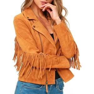 Women's <b>Suede</b> Fringed Moto <b>Jacket</b> With Zipper Closure Autumn Style Turn-down Collar Full Sleeve Regular Length - Product Image 1