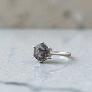 Black Rutilated <b>Quartz</b> Hexagon <b>Ring</b> 925 Sterling Silver IGI Certified Art Deco Engagement Promise Jewelry Gift for Women - Product Image 5