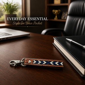 Handcrafted Brown Leather Beaded Keychain Blue White Tribal Pattern <b>Engraved</b> Floral Accent Metal Clasp Vintage Western <b>Key</b> - Product Image 4