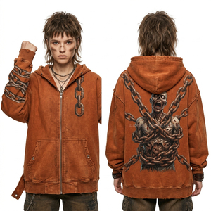 Wholesale Burnt Orange Heavyweight Hoodie Chained Zombie <b>Back</b> Graphic Distressed Hem Zip Up Custom Dye Streetwear Manufacturer - Product Image 1