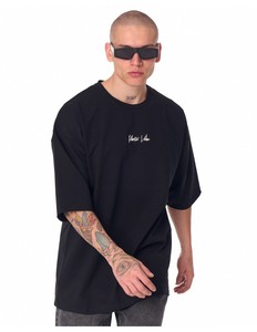 Men's Oversized Black T-Shirt With <b>White</b> Logo Print Street Style Short Sleeve O-Neck Cotton Jersey <b>Tee</b> - Product Image 3