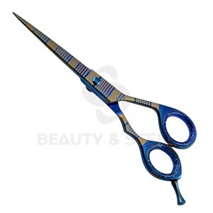 Ciseaux de coiffure professionnels bleu foncé avec design à rayures linéaires et bord convexe tranchant - Product Image 3