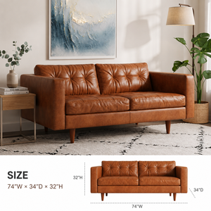 Sofá de Cuero Genuino de Estilo Moderno de Mediados de Siglo, Sofá Tapizado de 2 Plazas con Patas de Madera Maciza - Product Image 2