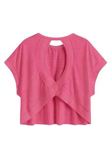 Crop top rose pour femme, manches courtes, col rond, coupe ample, tricot en coton, décontracté, printemps été, couleur unie - Product Image 3