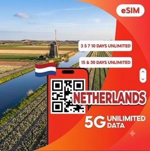 eSIM เนเธอร์แลนด์ ดาต้าไม่จำกัด สำหรับ 3 5 7 10 15 30 วัน แบบเติมเงิน 4G/5G อินเทอร์เน็ตสำหรับการเดินทาง พร้อมการเปิดใช้งาน QR ทันที - Product Image 1