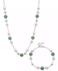 2-Pc. Ensemble collier et bracelet en jade vert teint et perle d'eau douce de culture (6-7mm) en argent sterling | Macy's - Product Image 1