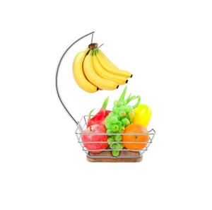 Corbeille à fruits rectangulaire avec support pour bananes, bol à fruits en fil métallique avec base en bois, organisateur de table de cuisine, bol à fruits noir - Product Image 5