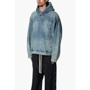 Sudadera con capucha de mezclilla oversize con hombros caídos, personalizada, de alta calidad, estilo vintage, streetwear, pesada, con cremallera, de algodón. - Product Image 3