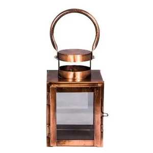 Vintage copper finish metal lantern rectangular body glass panels hinged <b>door</b> latch circular <b>vented</b> cap large round handle - Product Image 1