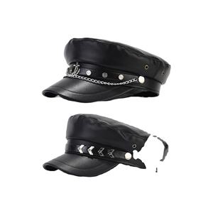 Gorra de Camuflaje con Cadena de Metal y Etiqueta Retro de Cuero, Gorra de Moda Estilo Británico, Gorra Negra con Visera - Product Image 1