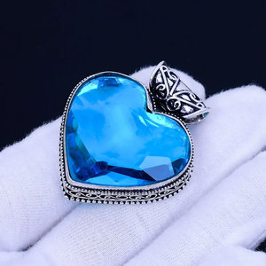 Collar de Plata de Ley 925 Hecho a Mano con Colgante de Corazón de Piedra Preciosa Azul Cielo, Collar Grande con Gema de Agua, Joyería al por Mayor - Product Image 4