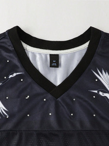 Crane Print American Football Jersey Women Rhinestone Floral Mesh V-Neck Blue Black Sparkly Bling Glitter Lady Streetwear <b>Shirt</b> - Product Image 5