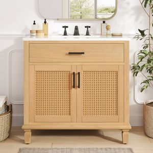Mobile bagno moderno in rattan da 36 pollici con lavabo in ceramica, ante e cassetti a chiusura ammortizzata, e rivestimento per vasca autoportante - Product Image 1