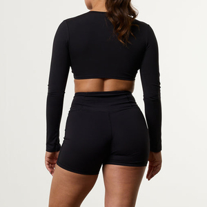 Top Corto Deportivo Negro de Manga Larga Cruzada para Mujer, Tejido de Punto, Spandex, Poliéster, Transpirable, Diseño Sólido, Cintura Alta - Product Image 2