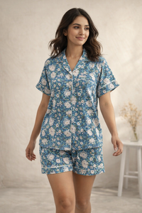 Conjunto de Pijama de Algodón con Estampado Floral Hecho a Mano, Camisa de Manga Corta y Pantalones Cortos, Ropa de Dormir de Verano para Mujer, Pijama de Algodón de Lujo - Product Image 4