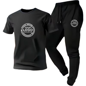 Custom Breathable Athletic Set T-Shirt Long Pants Personalized Casual Men's Contrast Color Topstitch Summer Knitted ODM - Product Image 1