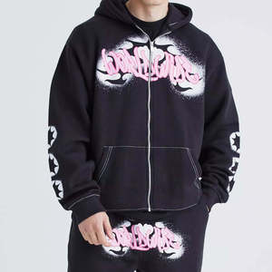 Ensemble de survêtement pour homme, sweat-shirt à capuche zippé noir, 100% coton, vêtements décontractés d'automne, design 2 en 1, polaire, logo rose imprimé, poches latérales - Product Image 3