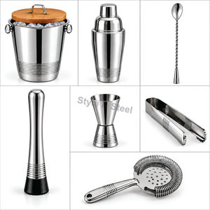 Seau à glace en acier inoxydable, ensemble de cocktails, refroidisseur de boissons rond avec couvercle en bois et outils de mélange pour bar de fête - Product Image 3