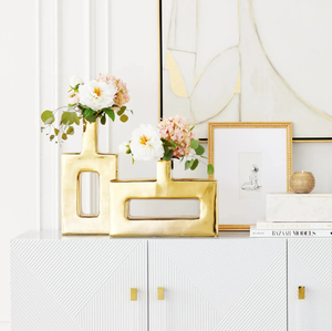 Modern Gold Metal Decorative <b>Vase</b> Set Geometric Hollow Tabletop Flower <b>Vase</b> Home Decor Accent gold flower <b>vase</b> - Product Image 2