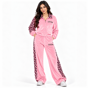 Pink <b>Velour</b> <b>Tracksuit</b> <b>Women</b> Leopard Print Contrast Sleeves Wide Leg Trousers Custom Logo Fashionable Velvet Set OEM Wholesale - Product Image 1
