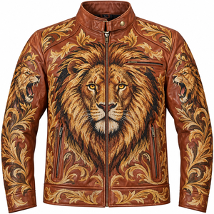 Veste en cuir de vache véritable pour homme, broderie complète personnalisée, lion, amoureux des animaux, veste streetwear vintage brodée - Product Image 1