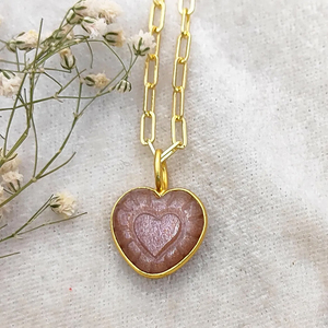 Peach Moonstone Pendant Necklace Handmade Carving 15mm Natural Peach Moonstone Heart Shape Gold Plated Bezel Pendant Necklaces - Product Image 1
